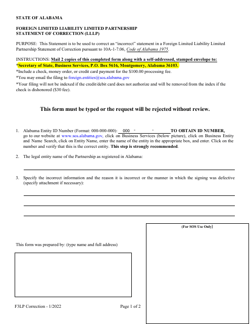 Foreign Limited Liability Limited Partnership Statement of Correction (Lllp) - Alabama Download Pdf