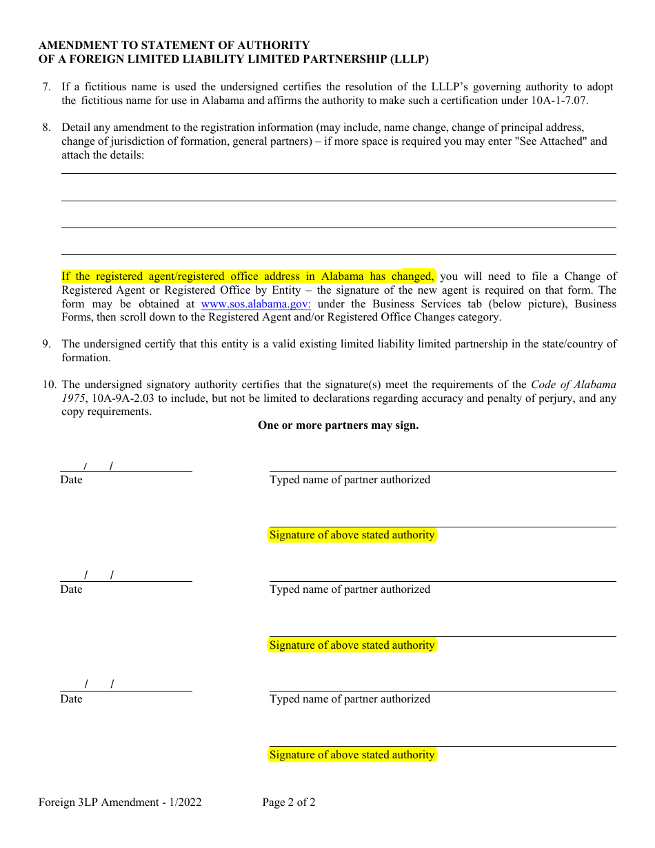 Amendment to Statement of Authority of a Foreign Limited Liability Limited Partnership (Lllp) - Alabama, Page 2