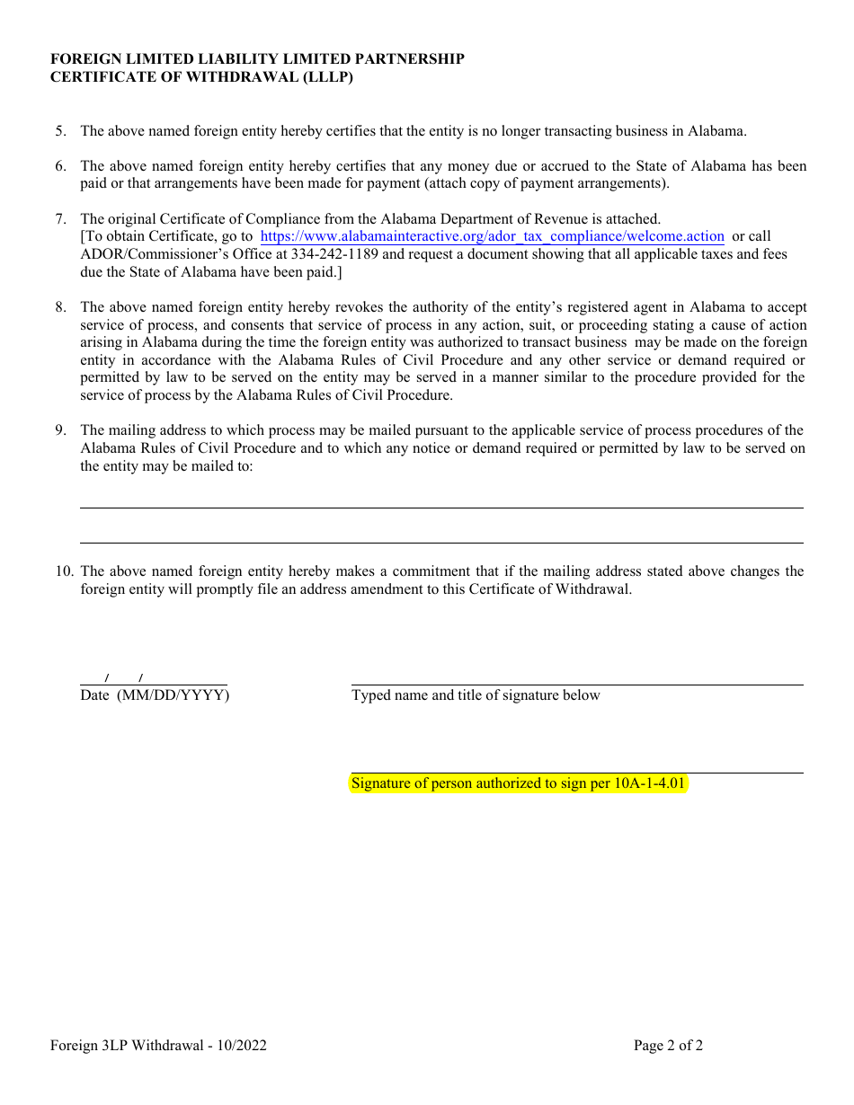 Foreign Limited Liability Limited Partnership Statement of Withdrawal (Lllp) - Alabama, Page 2