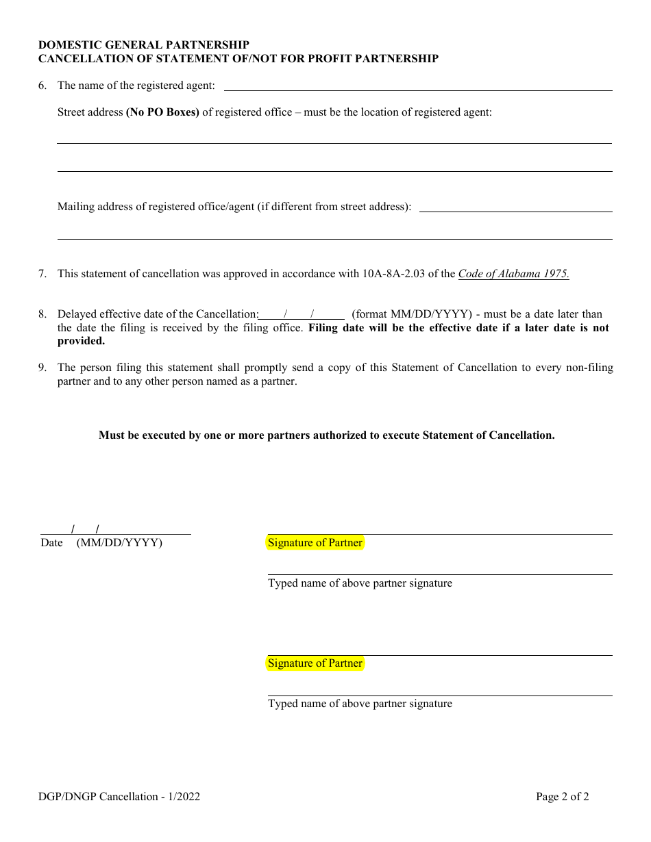 Domestic General Partnership Cancellation of Statement of Partnership / Statement of Not for Profit Partnership - Alabama, Page 2