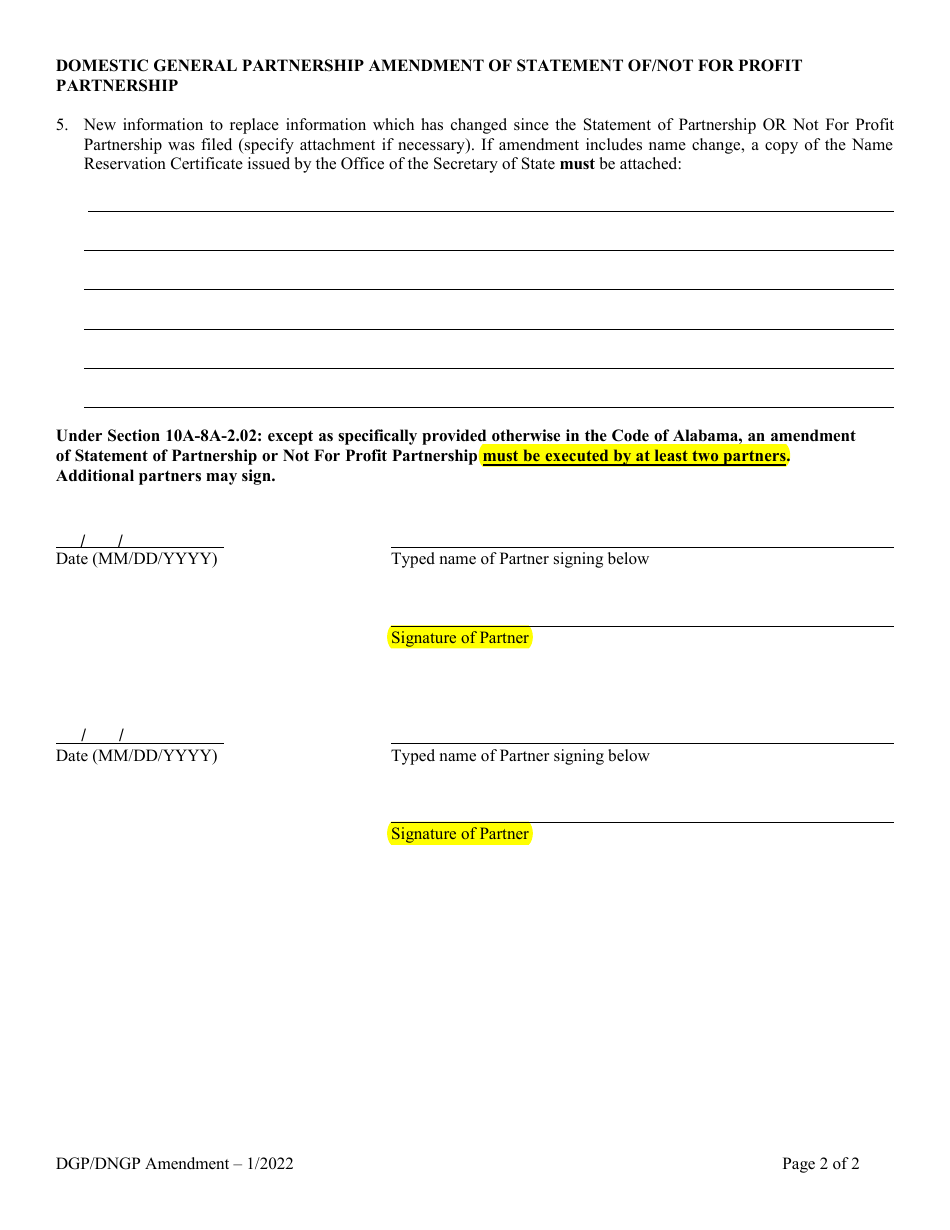 Domestic General Partnership (Gp) Amendment of Statement of Partnership / Statement of Not for Profit Partnership - Alabama, Page 2