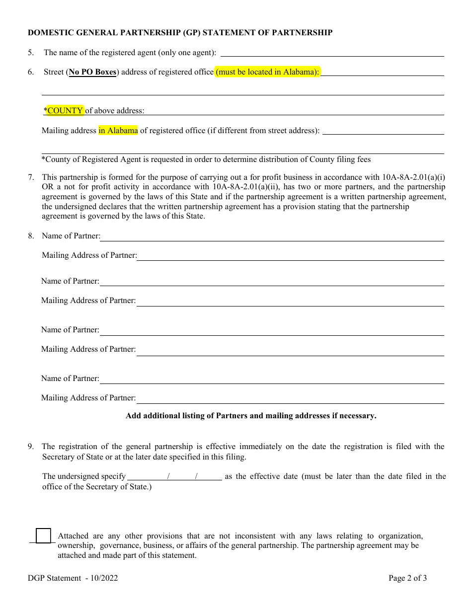 Domestic General Partnership (Gp) Statement of Partnership - Alabama, Page 2
