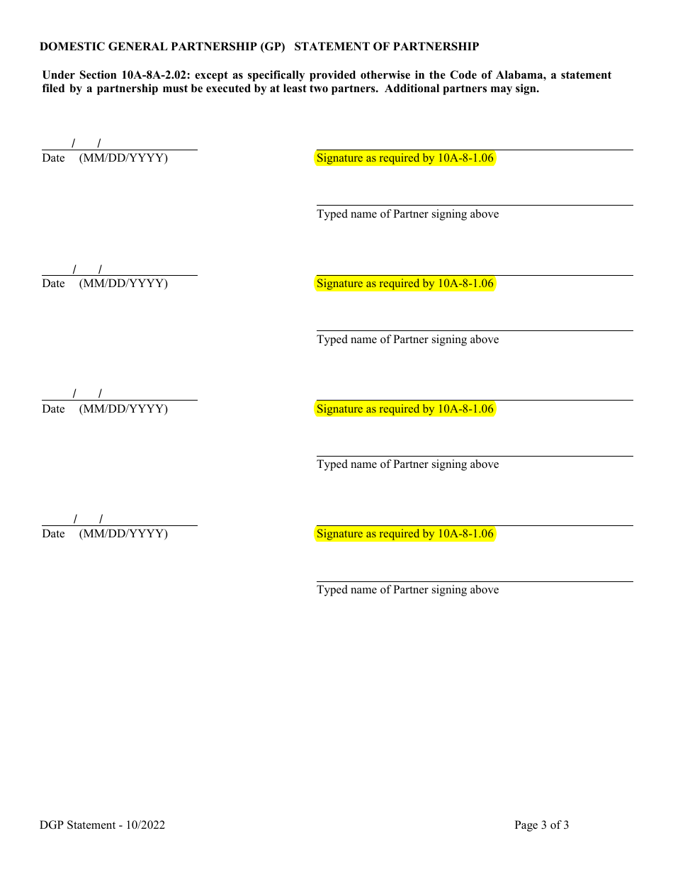 Domestic General Partnership (Gp) Statement of Partnership - Alabama, Page 3