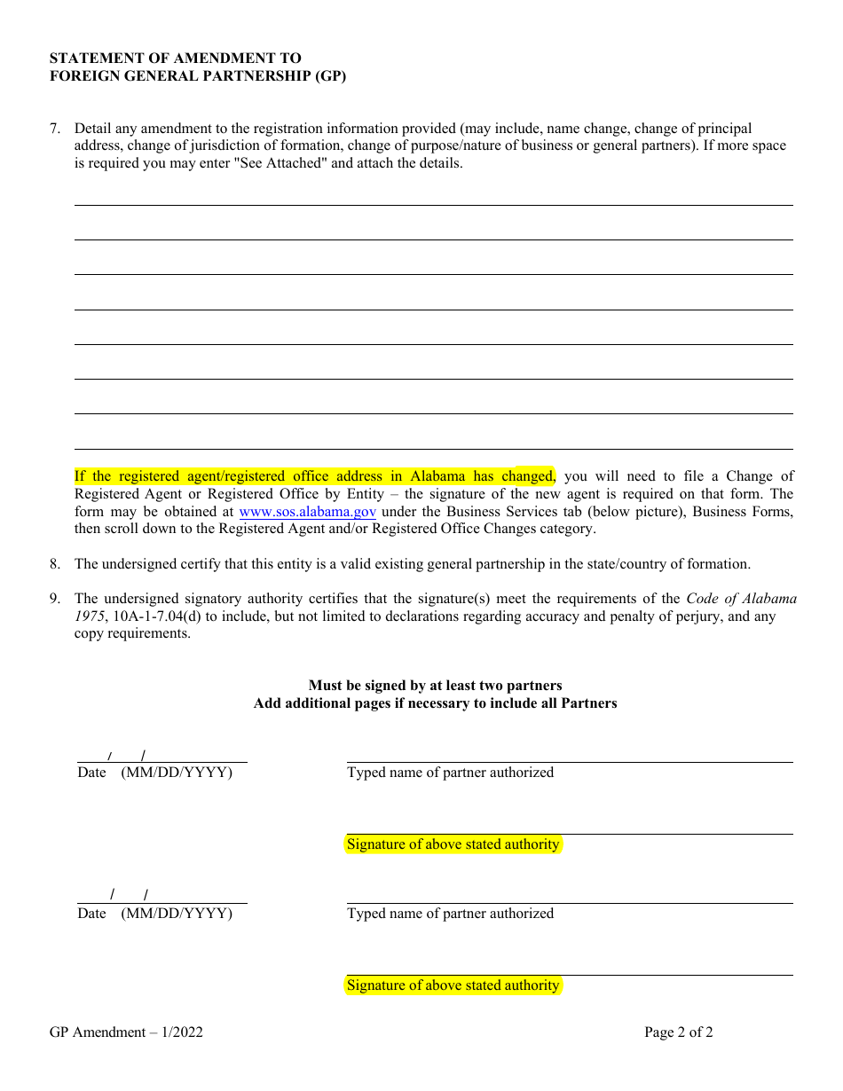Statement of Amendment to Foreign General Partnership (Gp) - Alabama, Page 2
