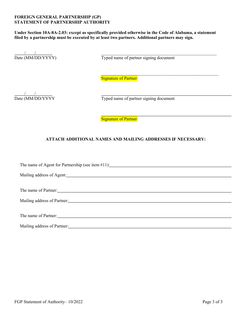 Foreign General Partnership (Gp) Statement of Partnership Authority - Alabama, Page 3