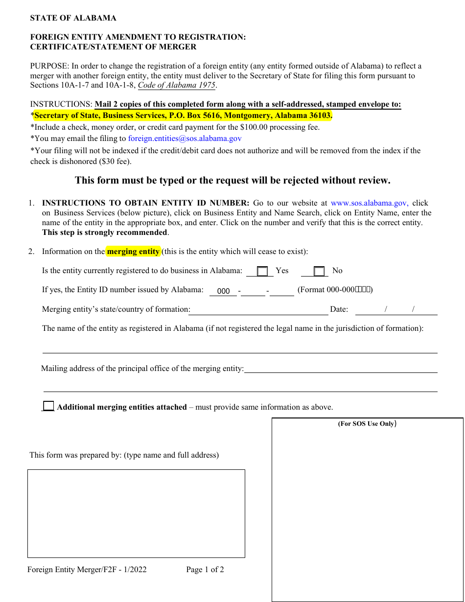 Alabama Foreign Entity Amendment To Registration Certificatestatement Of Merger Fill Out 6947