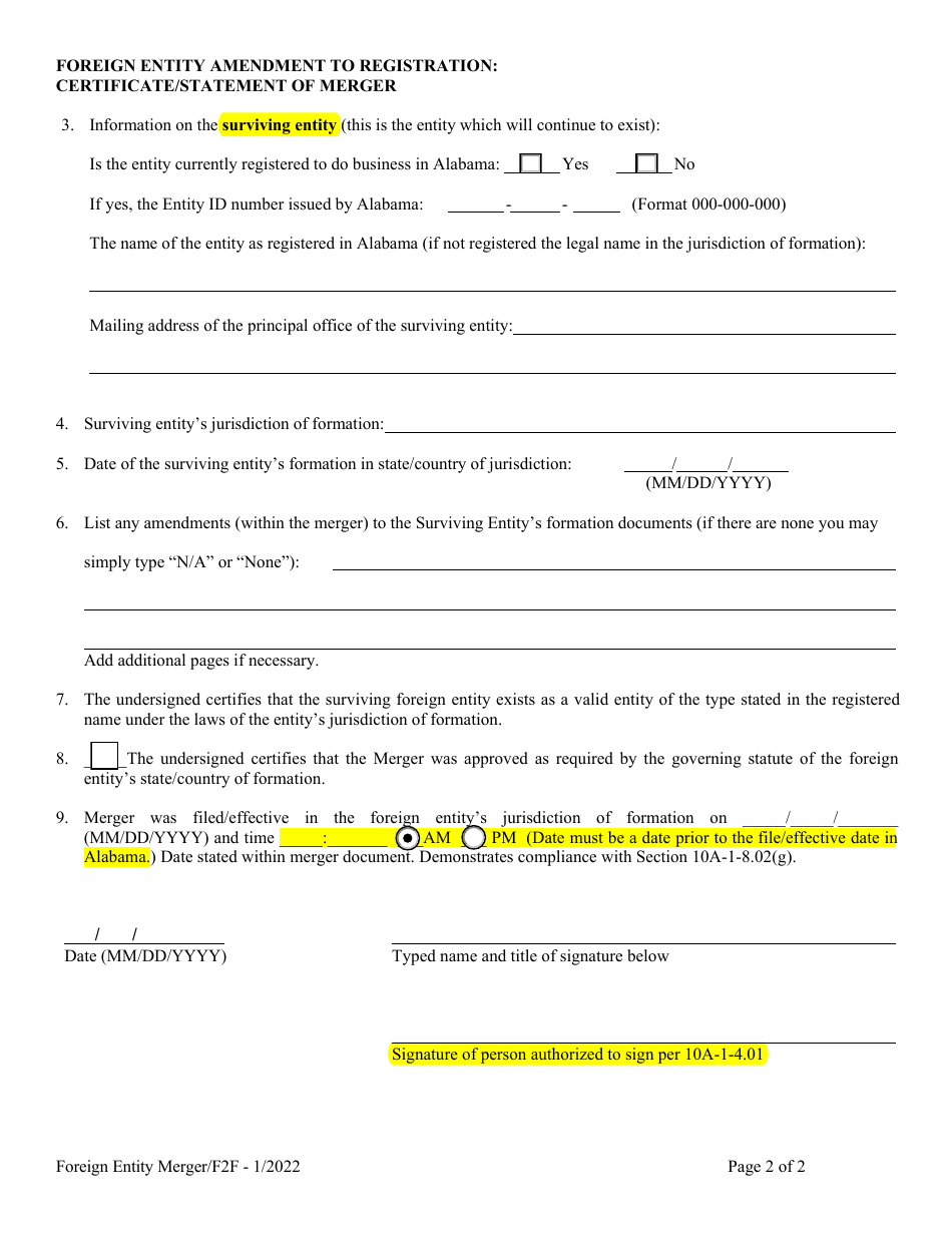 Foreign Entity Amendment to Registration: Certificate / Statement of Merger - Alabama, Page 2
