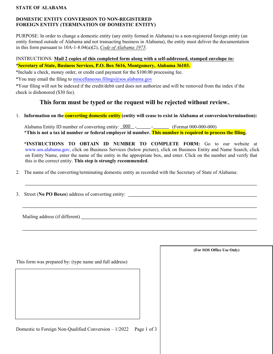 Domestic Entity Conversion to Non-registered Foreign Entity (Termination of Domestic Entity) - Alabama, Page 1