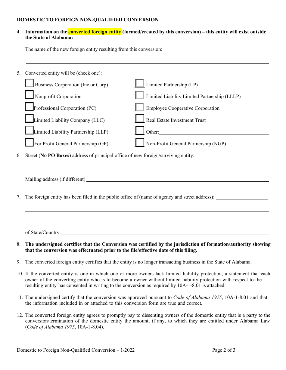Domestic Entity Conversion to Non-registered Foreign Entity (Termination of Domestic Entity) - Alabama, Page 2