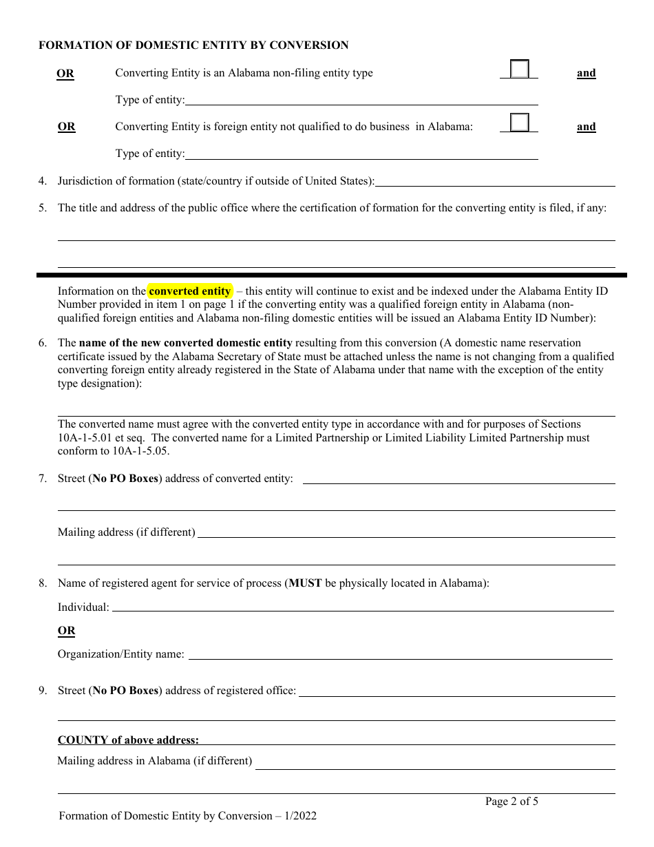 Statement of Conversion Foreign or Non-registered Alabama Entity to Registered Domestic Entity (Formation of Domestic Entity by Conversion) - Alabama, Page 2