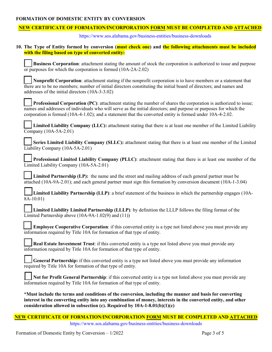 Statement of Conversion Foreign or Non-registered Alabama Entity to Registered Domestic Entity (Formation of Domestic Entity by Conversion) - Alabama, Page 3