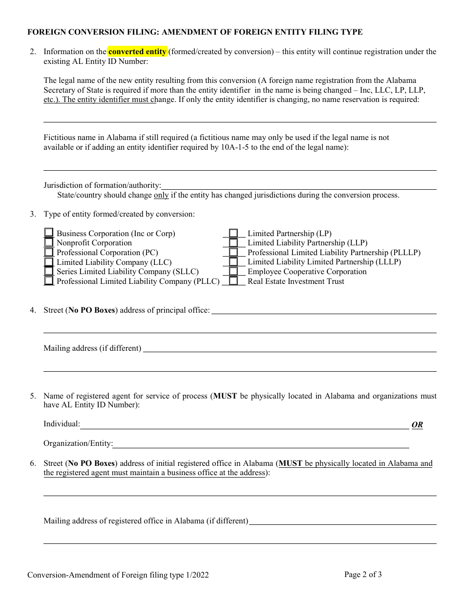 Foreign Conversion Filing: Amendment of Foreign Entity Filing Type - Alabama, Page 2