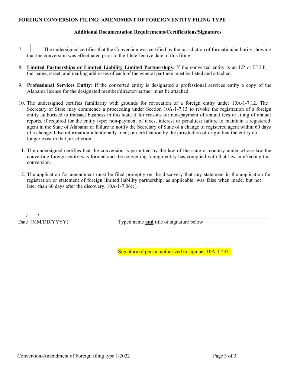 Foreign Conversion Filing: Amendment of Foreign Entity Filing Type - Alabama, Page 3