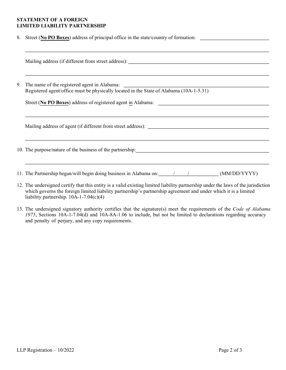 Statement of Authority for Foreign Limited Liability Partnership (LLP ) - Alabama, Page 2