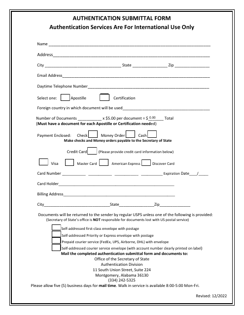 Authentication Submittal Form - Alabama Download Pdf