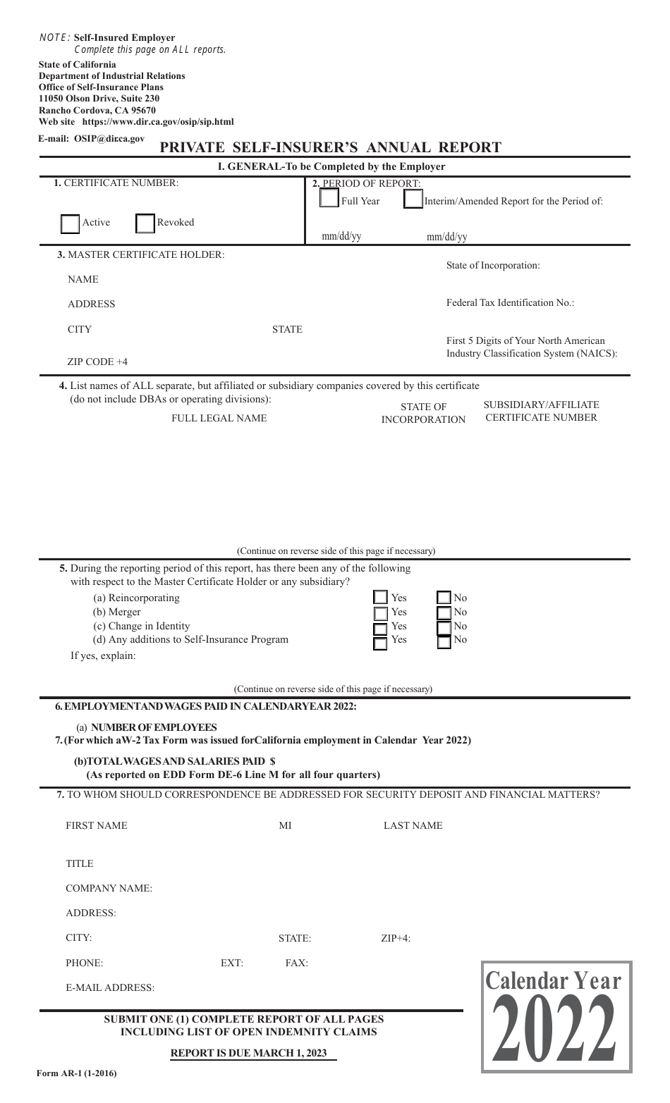 Form AR-1 Private Self-insurers Annual Report - California, Page 1