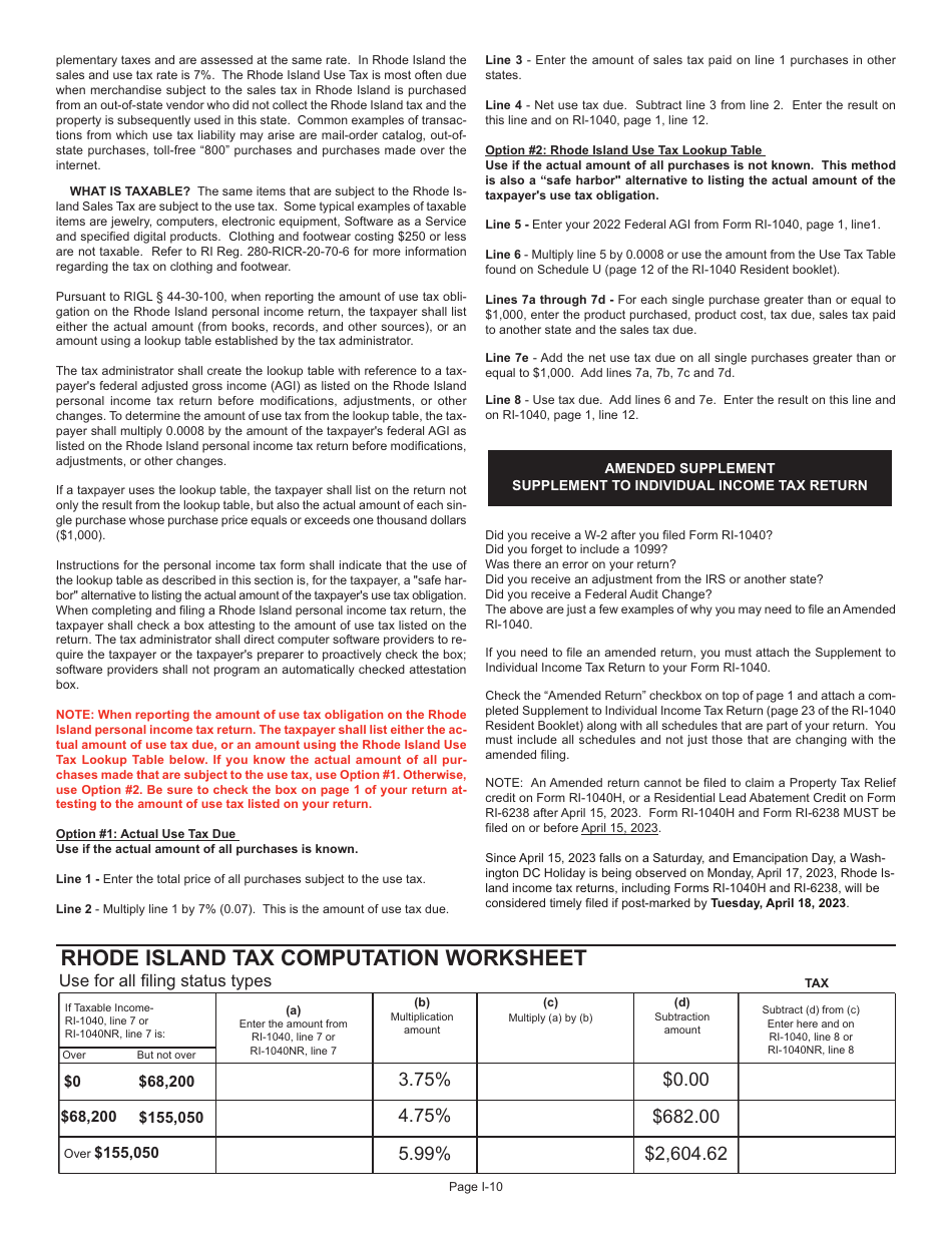 Instructions for Form RI-1040 Resident Individual Income Tax Return - Rhode Island, Page 10