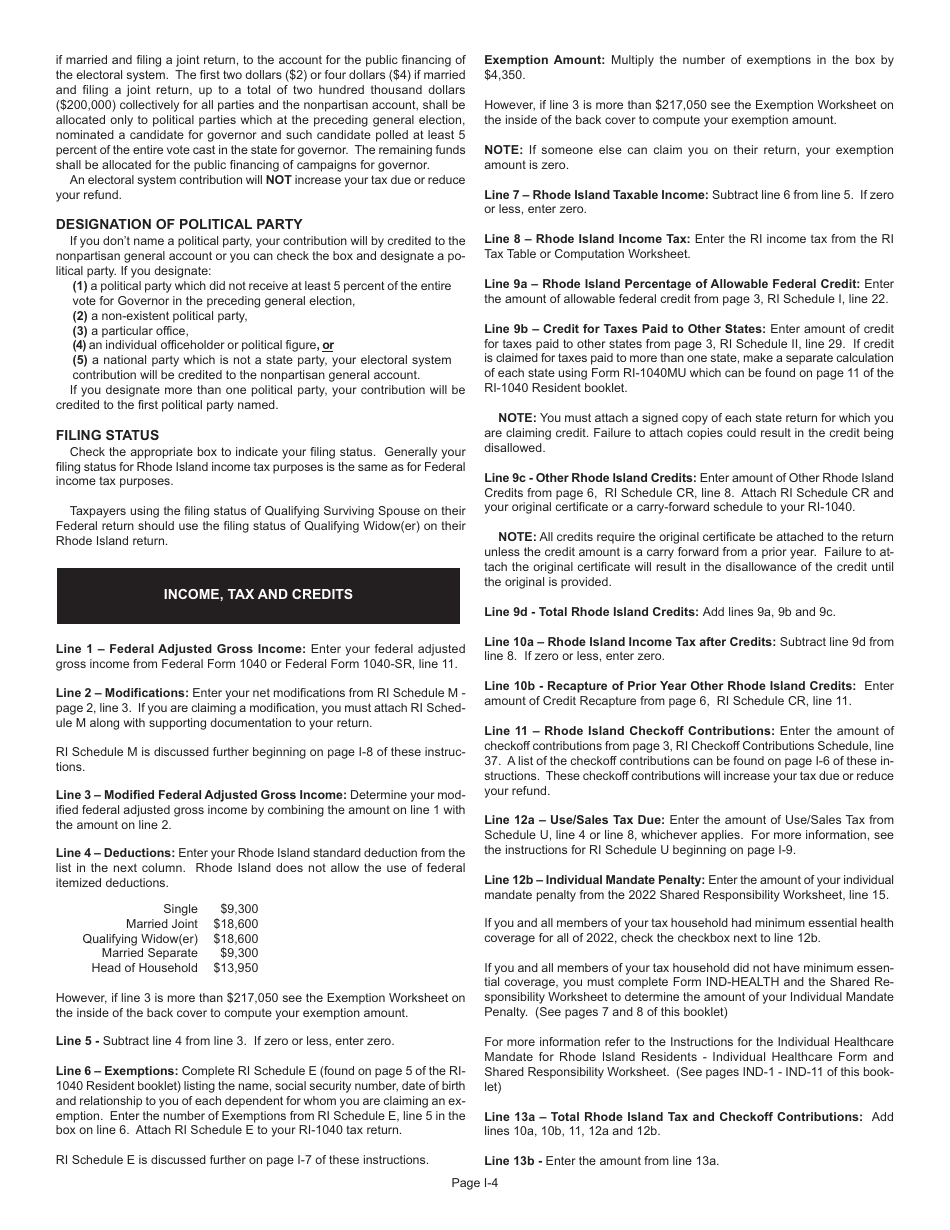Instructions for Form RI-1040 Resident Individual Income Tax Return - Rhode Island, Page 4