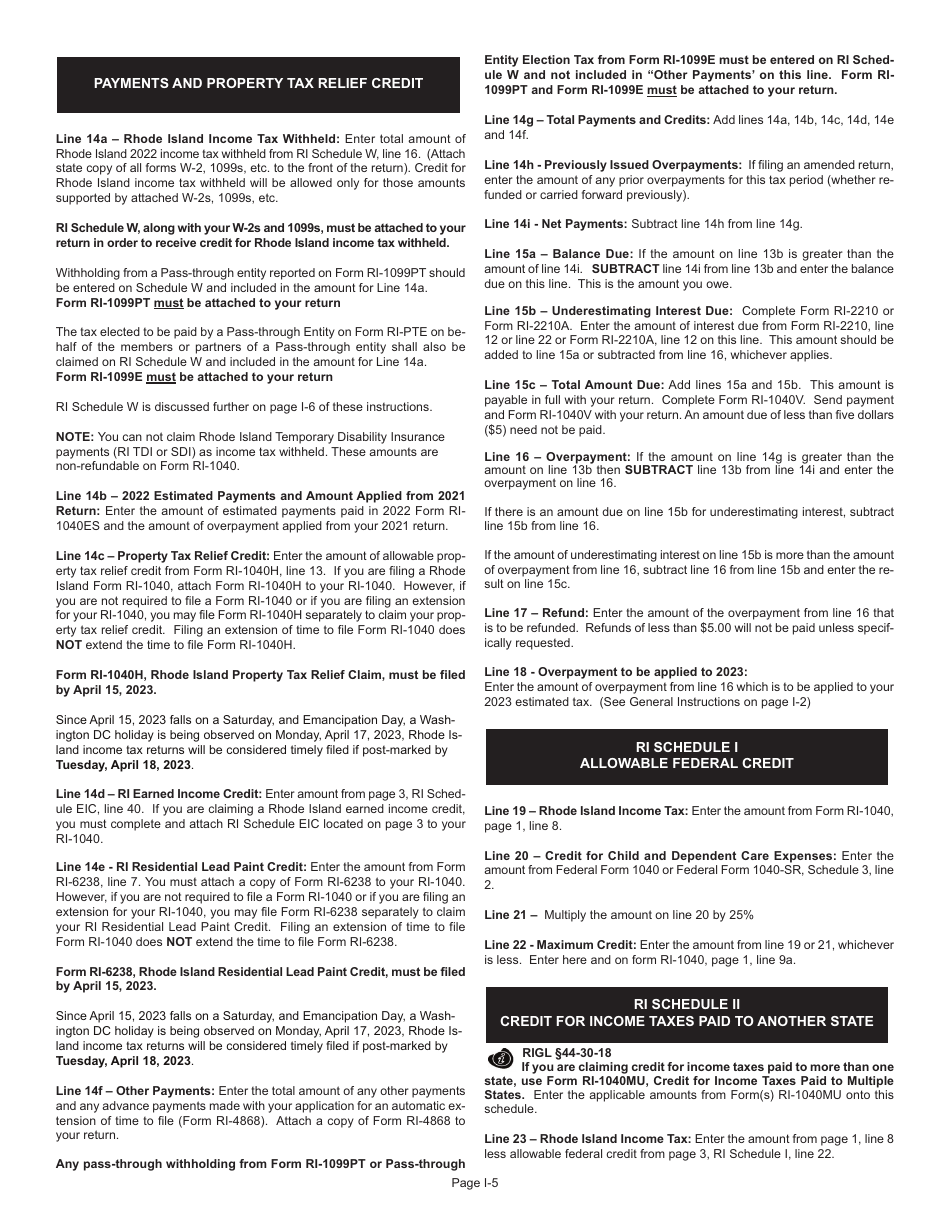 Instructions for Form RI-1040 Resident Individual Income Tax Return - Rhode Island, Page 5