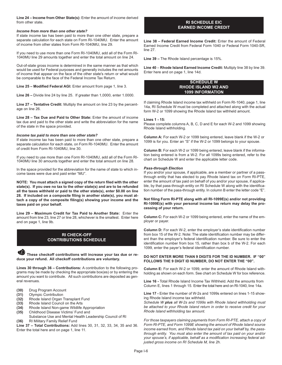 Instructions for Form RI-1040 Resident Individual Income Tax Return - Rhode Island, Page 6