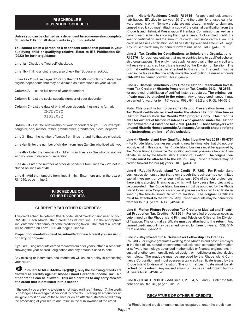 Instructions for Form RI-1040 Resident Individual Income Tax Return - Rhode Island, Page 7