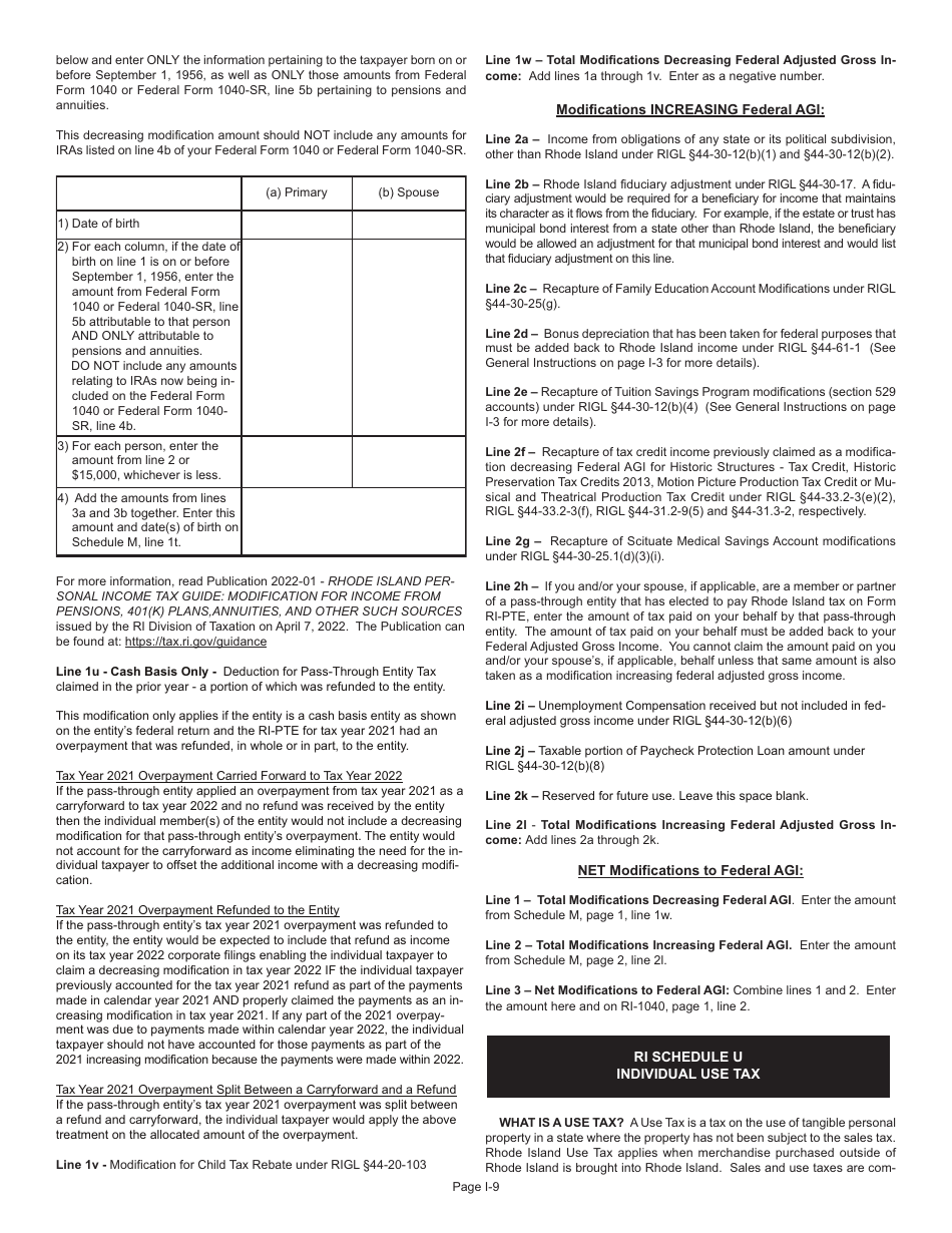 Instructions for Form RI-1040 Resident Individual Income Tax Return - Rhode Island, Page 9