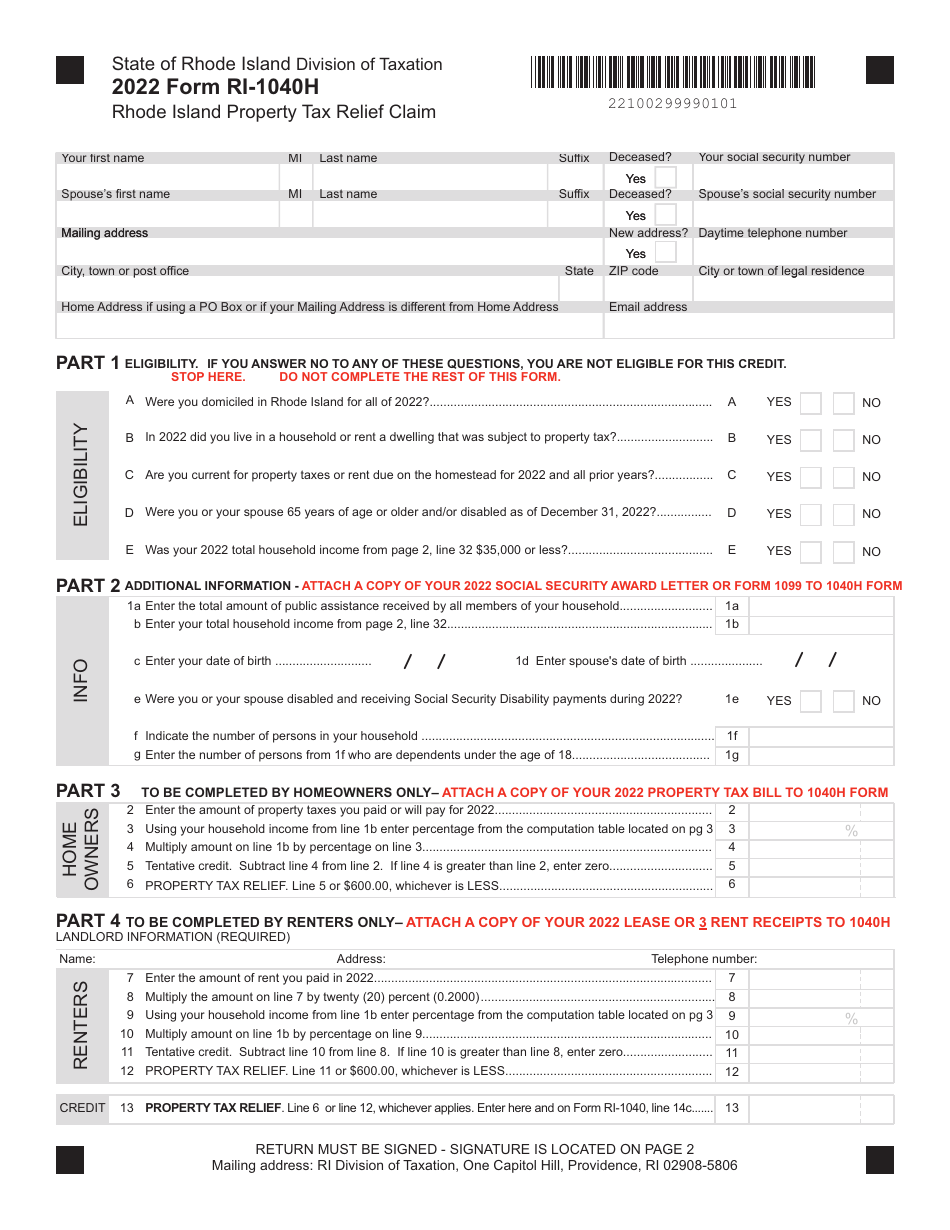 Form RI1040H Download Fillable PDF or Fill Online Rhode Island