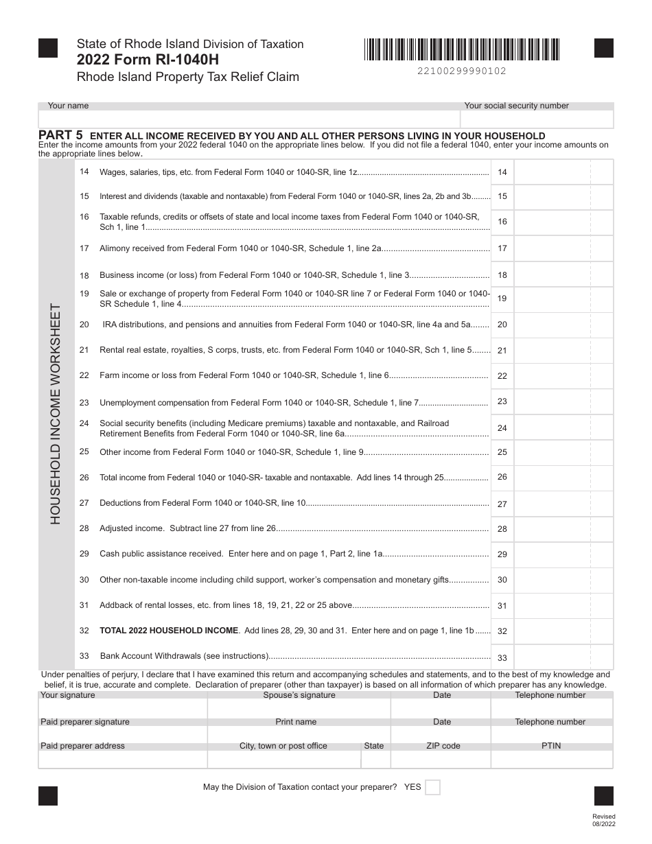 Form RI-1040H Rhode Island Property Tax Relief Claim - Rhode Island, Page 2