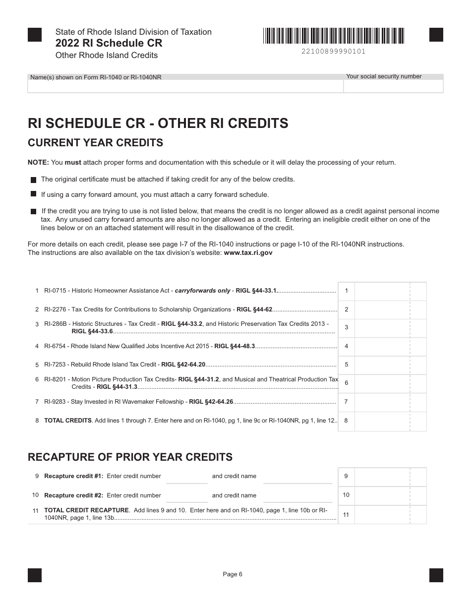 Schedule CR Other Rhode Island Credits - Rhode Island, Page 1