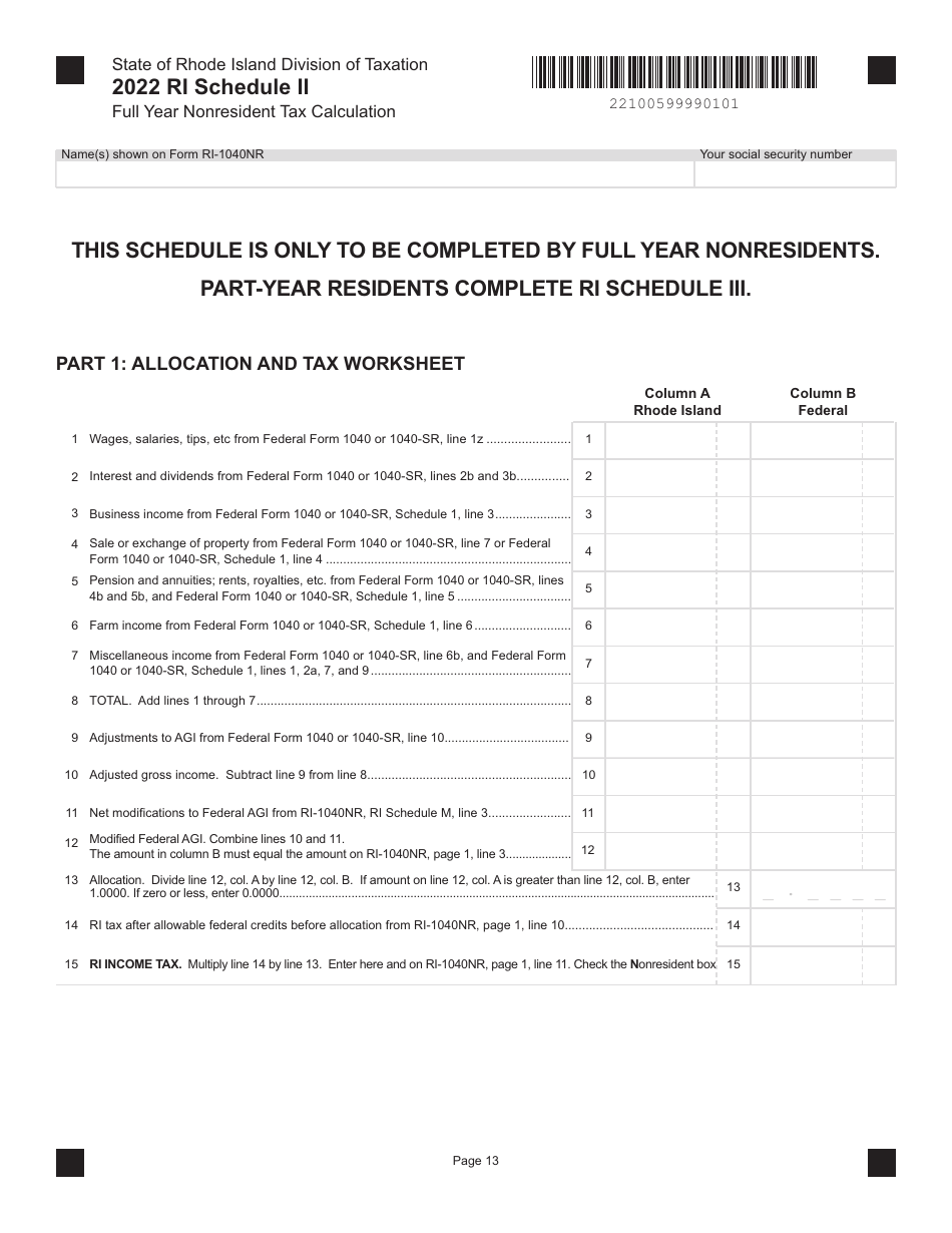 Schedule II Full Year Nonresident Tax Calculation - Rhode Island, Page 1