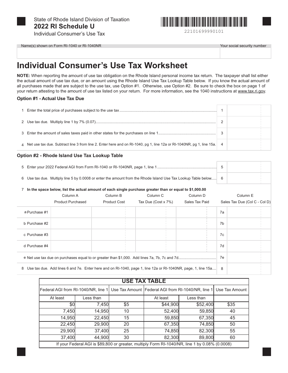 Schedule U Individual Consumers Use Tax Worksheet - Rhode Island, Page 1
