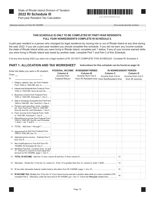 Form RI-1040NR Schedule III 2022 Printable Pdf