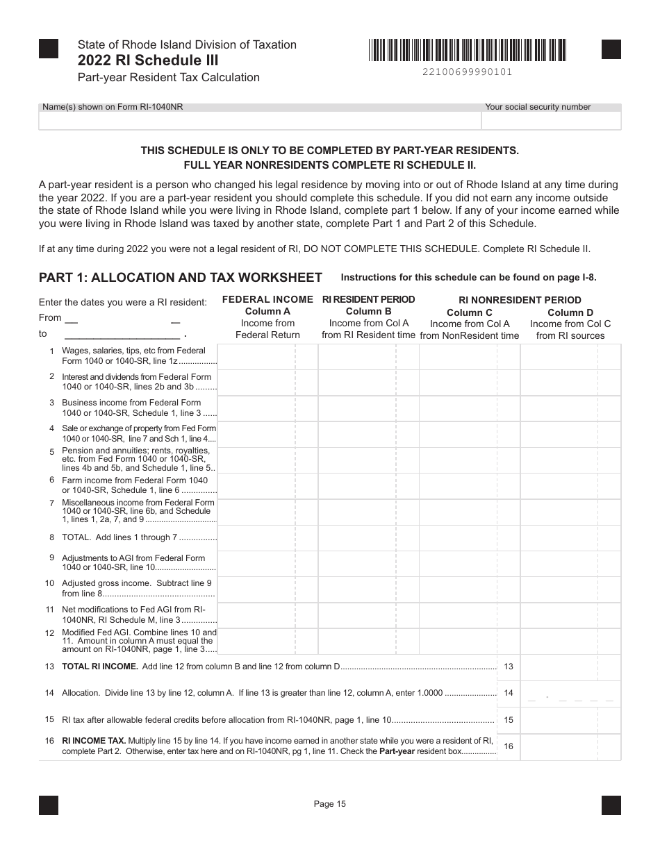 Form RI-1040NR Schedule III Part-Year Resident Tax Calculation - Rhode Island, Page 1