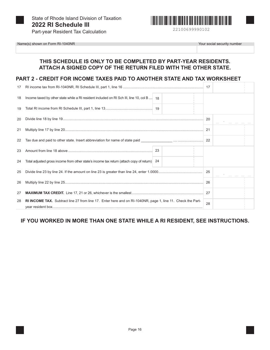Form RI-1040NR Schedule III Part-Year Resident Tax Calculation - Rhode Island, Page 2