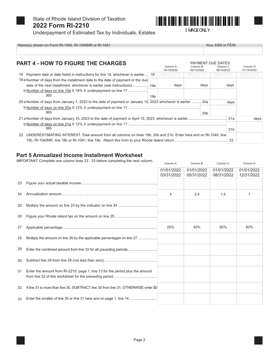 Form RI-2210 Underpayment of Estimated Tax by Individuals, Estates - Rhode Island, Page 2