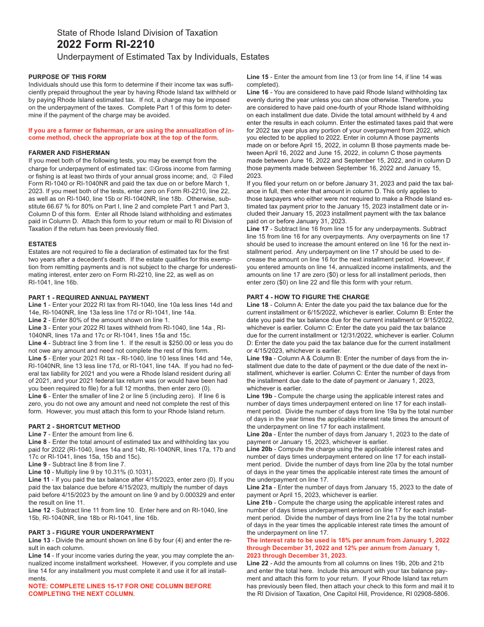 Form RI-2210 Underpayment of Estimated Tax by Individuals, Estates - Rhode Island, Page 3