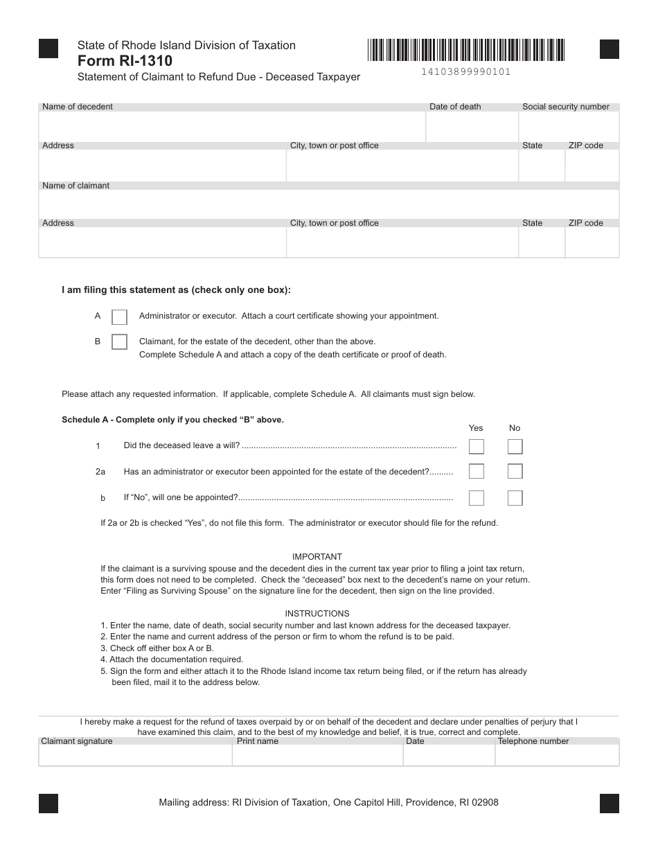 Form RI-1310 Statement of Claimant to Refund Due - Deceased Taxpayer - Rhode Island, Page 1