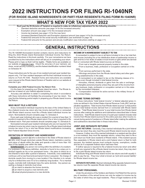 Form RI-1040NR 2022 Printable Pdf