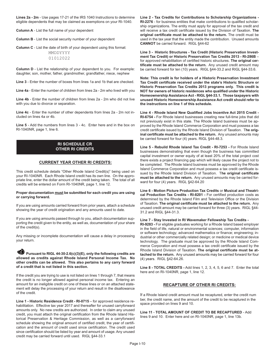 Instructions for Form RI-1040NR Nonresident Individual Income Tax Return - Rhode Island, Page 10