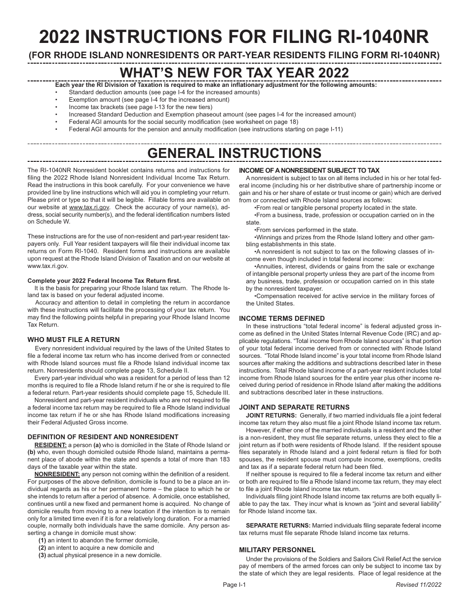 Instructions for Form RI-1040NR Nonresident Individual Income Tax Return - Rhode Island, Page 1