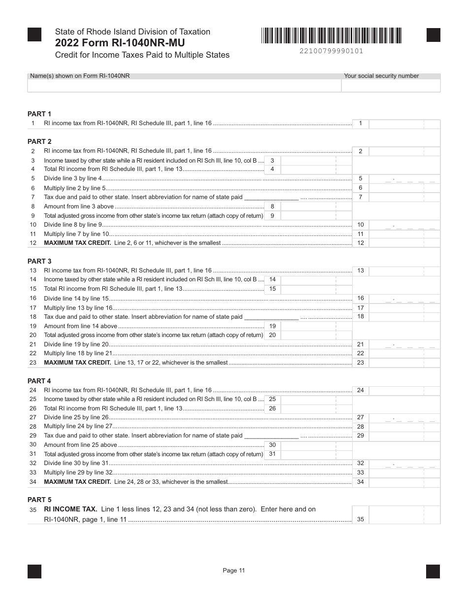 Form RI-1040NR-MU Credit for Income Taxes Paid to Multiple States - Rhode Island, Page 1