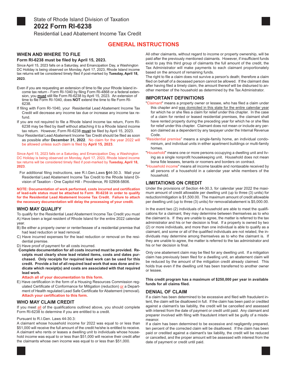 Form RI-6238 Residential Lead Abatement Income Tax Credit - Rhode Island, Page 3