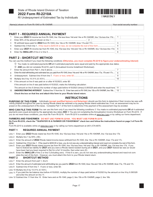 Form RI-2210A 2022 Printable Pdf