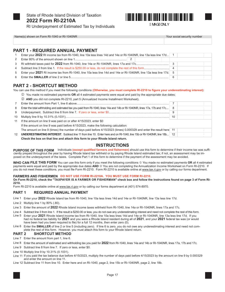 Form RI2210A Download Fillable PDF or Fill Online Ri Underpayment of