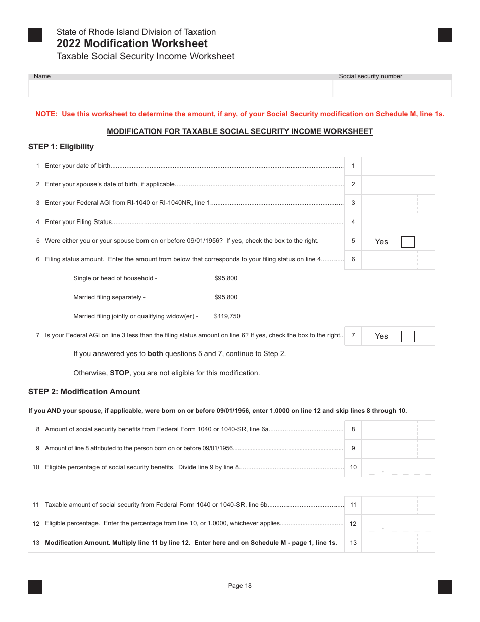 Taxable Social Security Income Worksheet - Rhode Island, Page 1