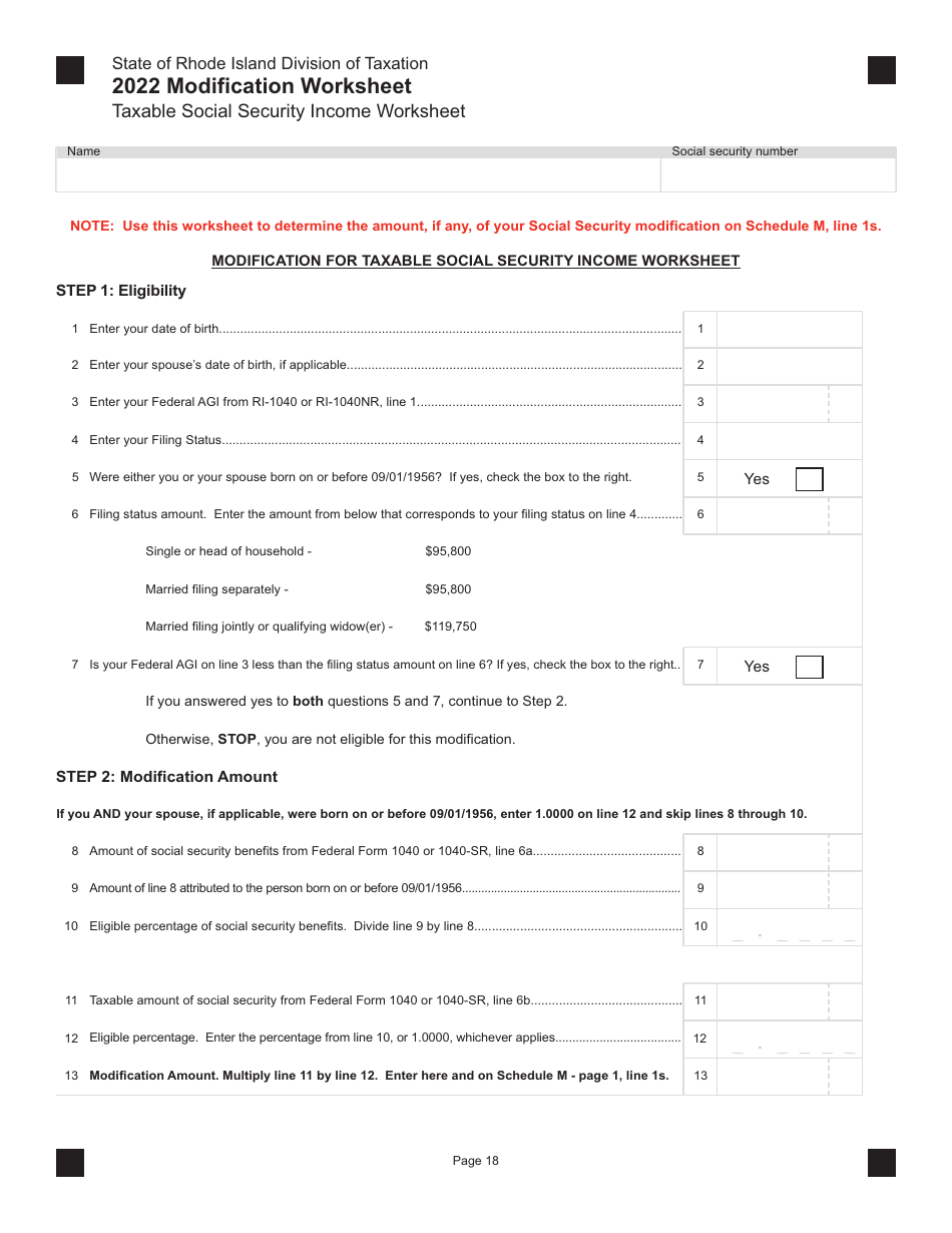 2022 Rhode Island Taxable Social Security Income Worksheet Download 
