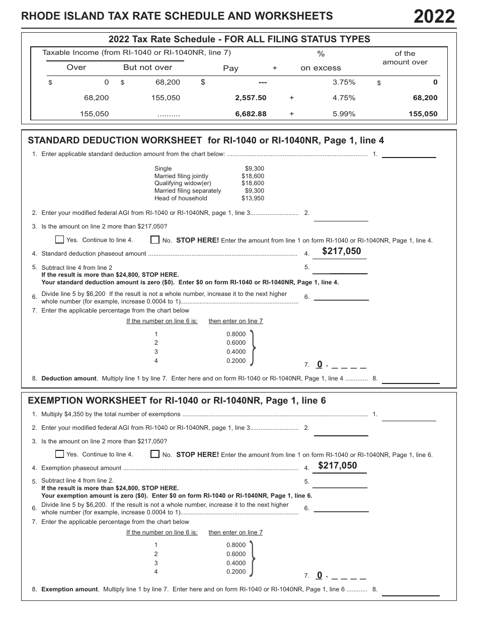 2022 Rhode Island Rhode Island Tax Rate Schedule and Worksheets Fill