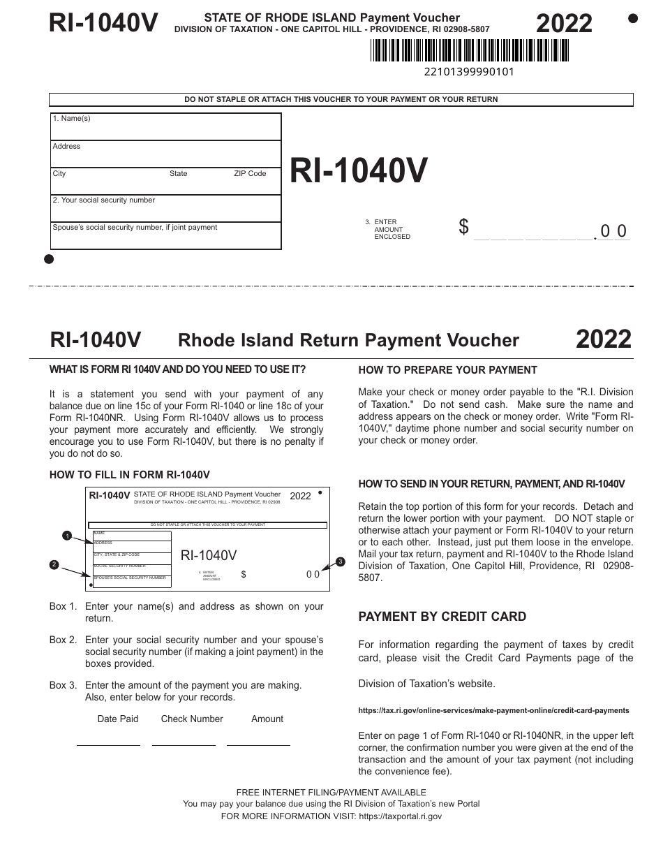 Form RI-1040V Personal Income Tax Payment Voucher - Rhode Island, Page 1