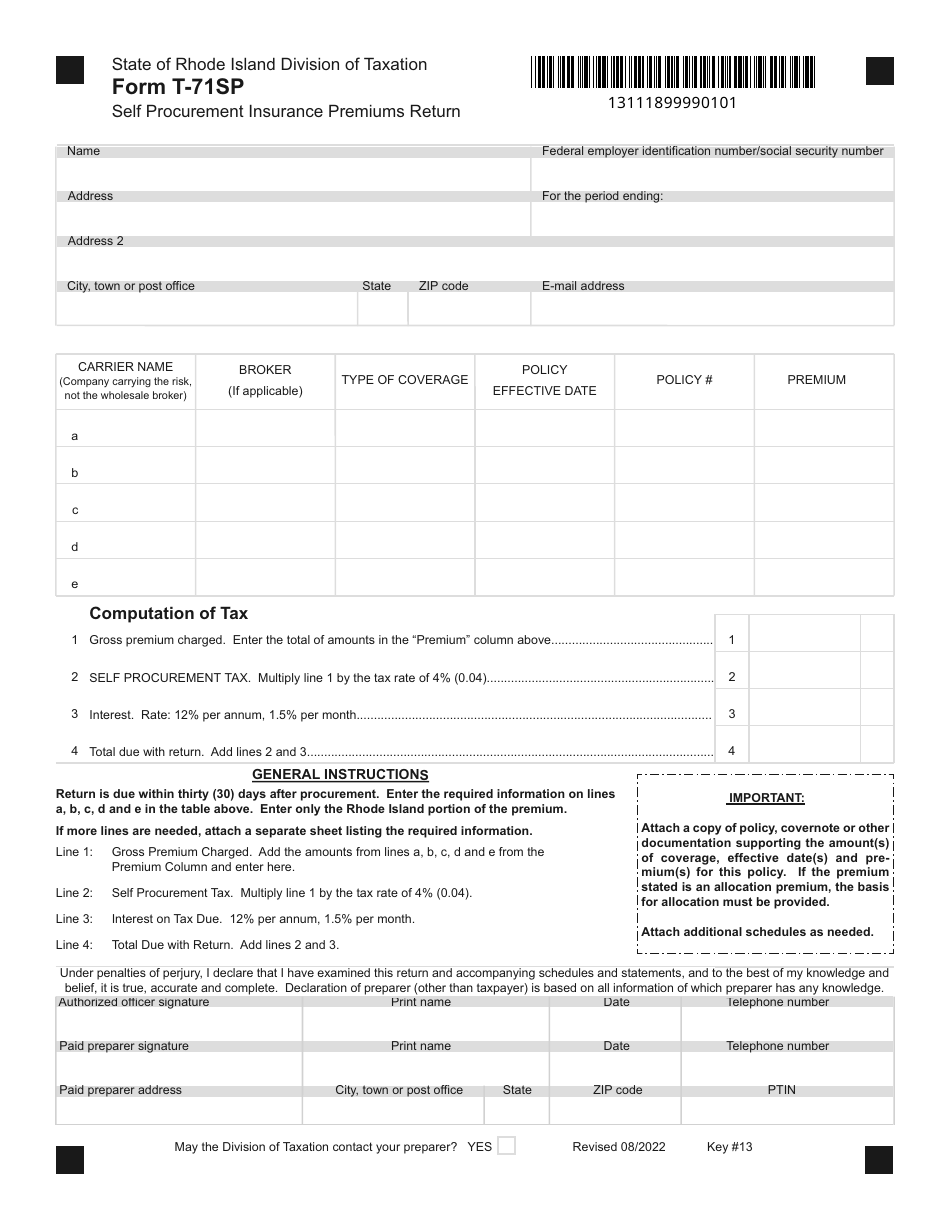 Form T-71SP Self Procurement Insurance Premiums Return - Rhode Island, Page 1