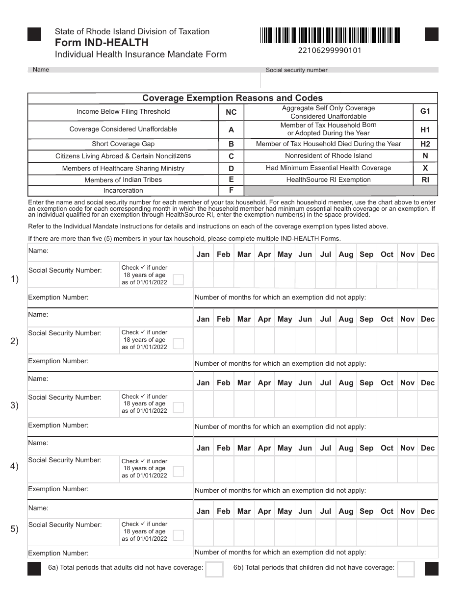Form IND-HEALTH Individual Health Insurance Mandate Form - Rhode Island, Page 1